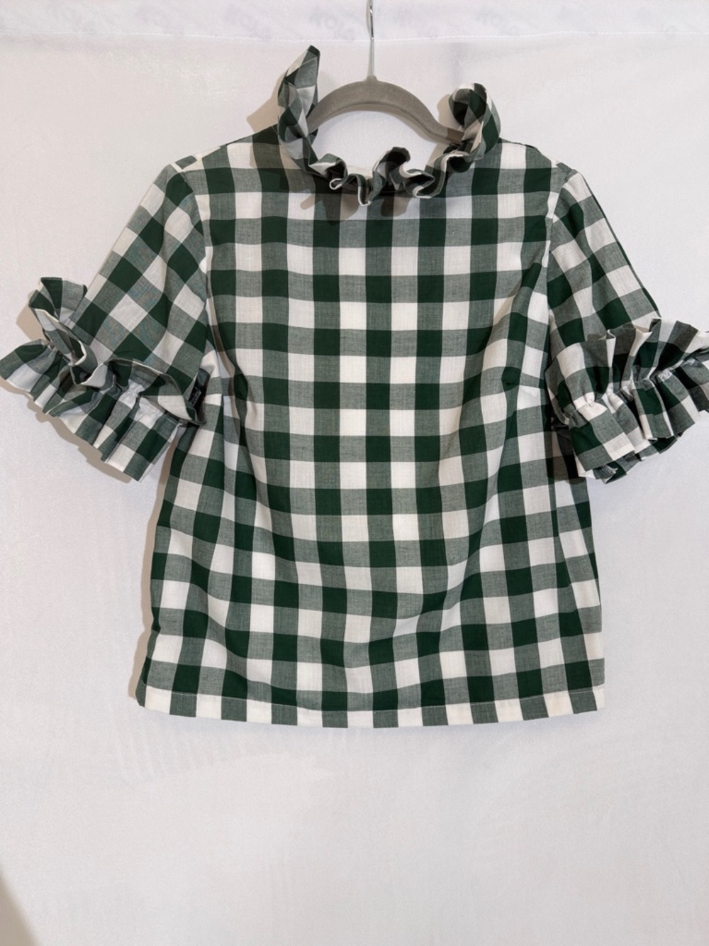 Elizabeth Wilson Ruffle Top Size S Green And White Gingham EUC